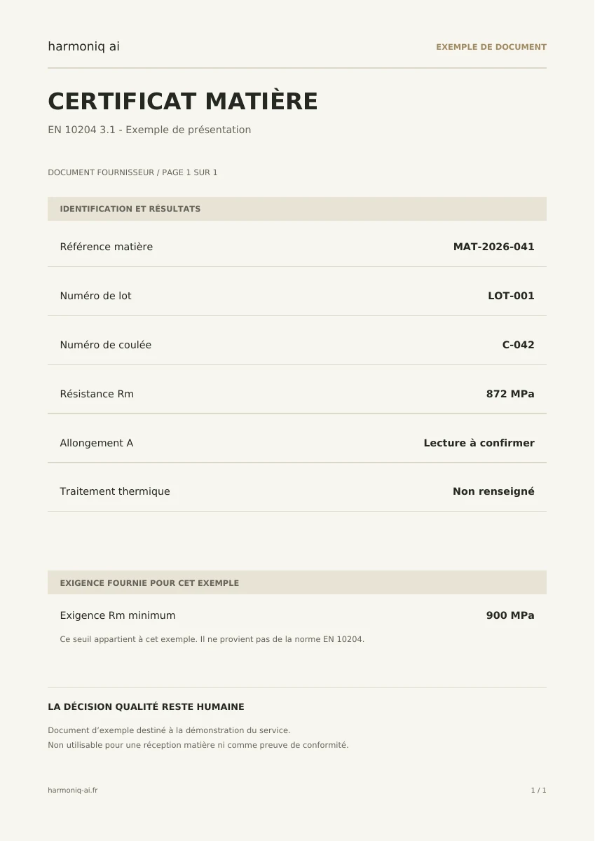 Certificat matière d’exemple : référence, lot, coulée, résultats et exigence Rm sur une page